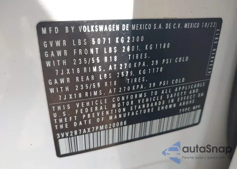 2023 Volkswagen Tiguan 2.0T Se из США, поврежденный, VIN 3VV2B7AX7PM020066